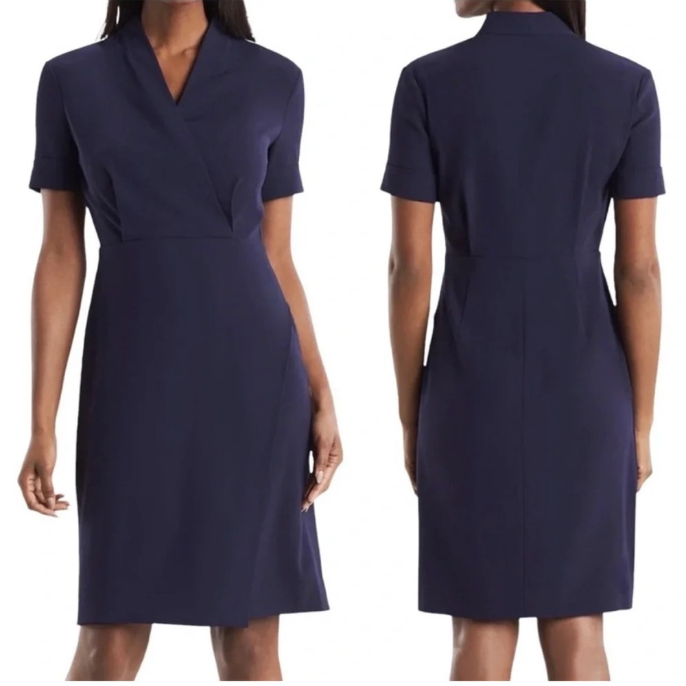 MM LaFleur The Tory Navy Blue Career Dress Faux Wrap Hem Short Sleeves Size 16